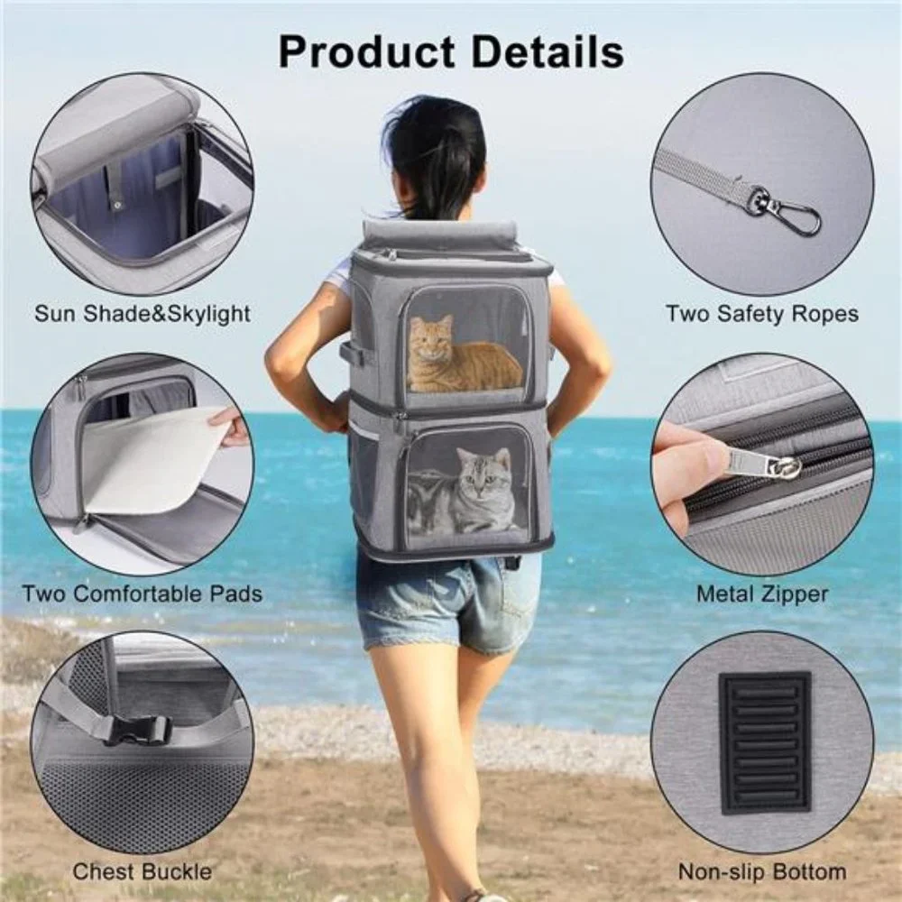 2-in-1 Double Pet Carrier Backpack for Small Cats and Dogs, Portable Pet Travel